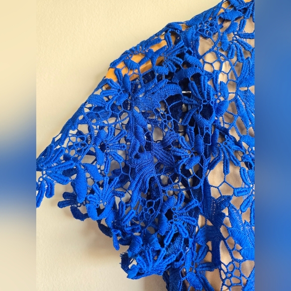 NWT! NSR,  Mia Lace Short Sleeve Open Back Midi Dress, Blue/Nude, Size S - Picture 6 of 11